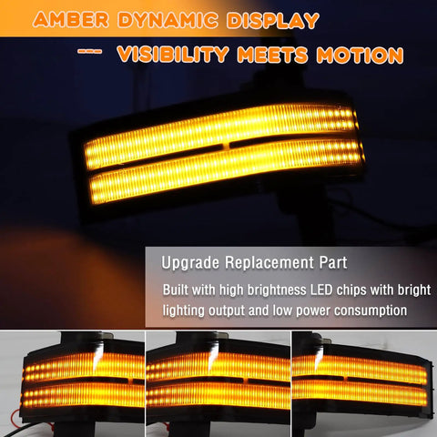 Illuminated LED rear side mirror light with amber sequential signal, close-up. Led Rear Side Mirror Light Drl Amber Sequential Turn Signal Lamp Kit For 2014 2015 2016 2017 2018 2019 Chevy Silverado GMC Sierra 1500 2500HD 3500HD Plug And Play Full Led Side Marker Mirror Lamp 2pc.