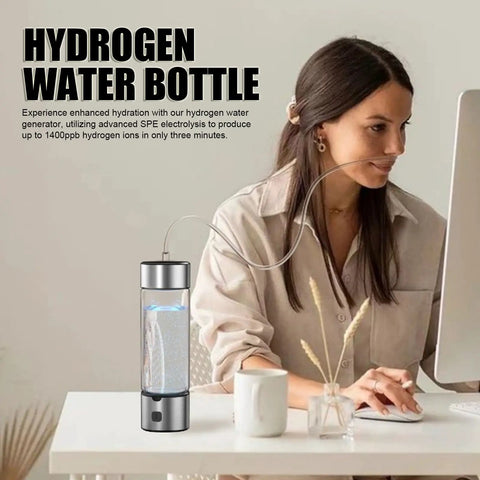 Portable Hydrogen Water Bottle With 1400ppb Generator beside woman at desk, 460ml Hydration Cup visible