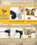 Two installation methods for Butterfly Design Heavy Duty Wall Hooks Set For Towel Robe Coat And Keys Gold Brushed Finish 4 Pack.