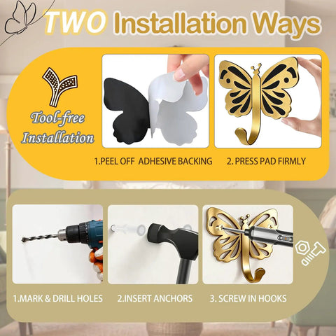 Two installation methods for Butterfly Design Heavy Duty Wall Hooks Set For Towel Robe Coat And Keys Gold Brushed Finish 4 Pack.