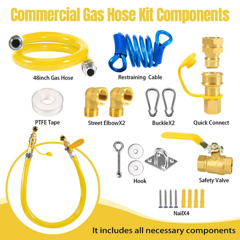 Heavy Duty Beefed Up Three Quarter Inch Gas Line Hose Kit With Safety System For Commercial Kitchens components view