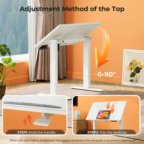 Liftsync 35 Inch Glass Standing Drafting Table With 90 Degree Tilt Adjustable Height, showing adjustment method for the top.
