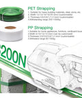 Heavy Duty Electric Hand Strapping Machine For Half To Five Eighth Inch PP PET Straps Friction Seamer with green PET strapping.