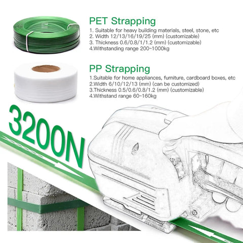 Heavy Duty Electric Hand Strapping Machine For Half To Five Eighth Inch PP PET Straps Friction Seamer with green PET strapping.
