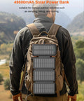 Hiker with Massive 49800mAh Solar Power Bank With Four Built In Cables And Four Foldable Panels PD 22W Fast Charge USB C Input And Output Flashlight