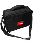 Black compact scuba diving regulator bag for travel with durable exterior, detachable shoulder strap, and suitcase style buckle.
