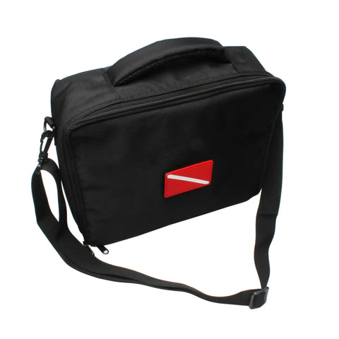 Black compact scuba diving regulator bag for travel with durable exterior, detachable shoulder strap, and suitcase style buckle.