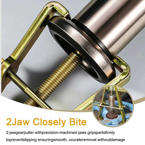 Heavy Duty 2 Jaw Wheel Hub Removal Tool With Adjustable Inner Bearing Puller Made From Forged Steel Drop-Forged Carbon Steel Heat Treated For High Torque Electroplated Rust Resistant Finish Self-Locking Leverage Design Perfect Sturdy Build For Heavy close-up 2-jaw puller on hub bearing