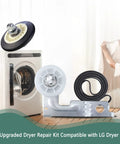 Upgraded Dryer Repair Kit For LG And Kenmore Dryers with roller, belt, and pulley near dryer.