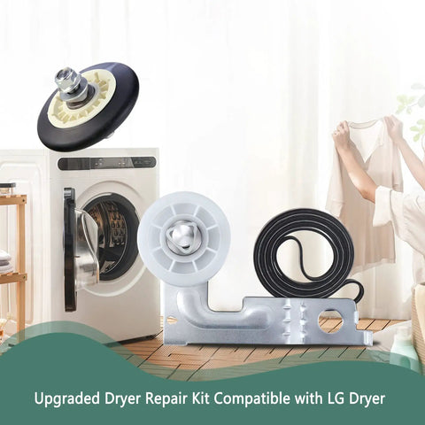 Upgraded Dryer Repair Kit For LG And Kenmore Dryers with roller, belt, and pulley near dryer.