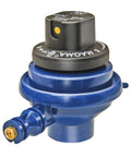 Magma control valve regulator for propane grills, front view; blue body with black adjustment knob and brass inlet