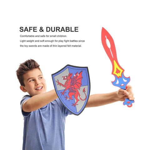 Child holding colorful foam sword and shield from Foam Sword And Shield Set For Kids 12 Piece Ninja Warrior Viking Role Play Gear With 8 Distinct Swords And 4 Shields Awesome For Party Favors Imaginative Play And Skill Building