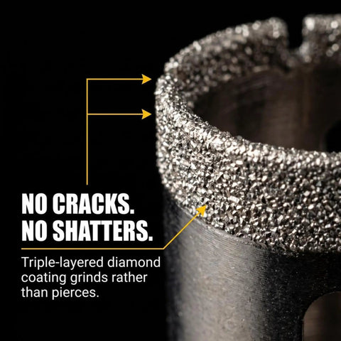 Close-up of heavy duty diamond hole saw showing triple-layered coating for smooth cutting in heavy duty 3 piece diamond hole saw set for porcelain ceramic tile and glass.