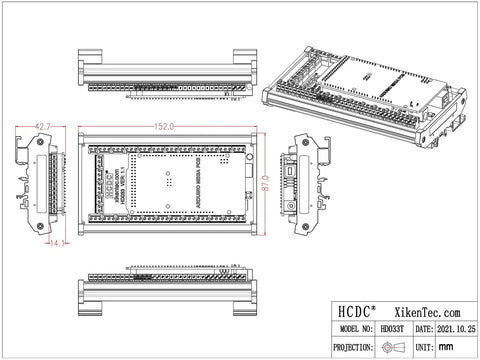 Technical drawing of DIN Rail Mount Pinout Breakout Terminal Block Module for Arduino Mega 2560 R3 and Due with dimensions.