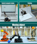 Adeept 5DOF robotic arm kit (black) shown in a collage: desktop control, painting, and moving-object demos.