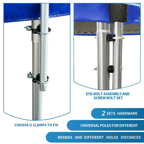 Premium Trampoline Net Poles Replacement Kit showing eye-bolt assembly and U clamps for 10 to 16 foot spring beds.