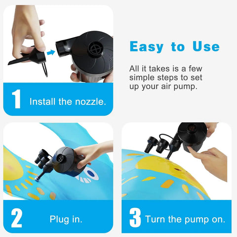 Steps using Portable Handy Quick Fill Air Pump For Inflatables With Three Nozzles 110-120V Inflator And Deflator setup guide