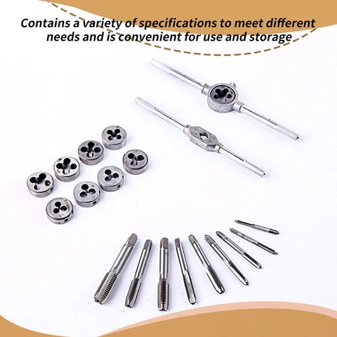 Essential 11 Piece Tap And Die Set For Creating Metal Threads Professionally Perfect For Hobbyists With M10x1.25 Specs To Keep Your Projects Moving Smoothly Without Any Hassle., steel taps and dies with wrench, laid out on white
