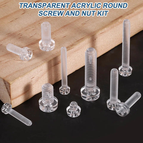 Clear Acrylic Screws M6 x 12mm Round Head Phillips Bolts on wooden surface