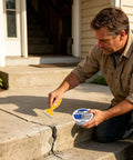 Man applying Heavy Duty Concrete Crack Filler Masonry Sealant on cracked concrete stairs using a trowel.