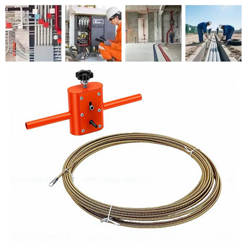 Asixxsix Automatic Drill Powered Wire Puller And Cable Rope Feeder With Forty-Nine Point Two Foot Steel Line Adapter and bronze cable.