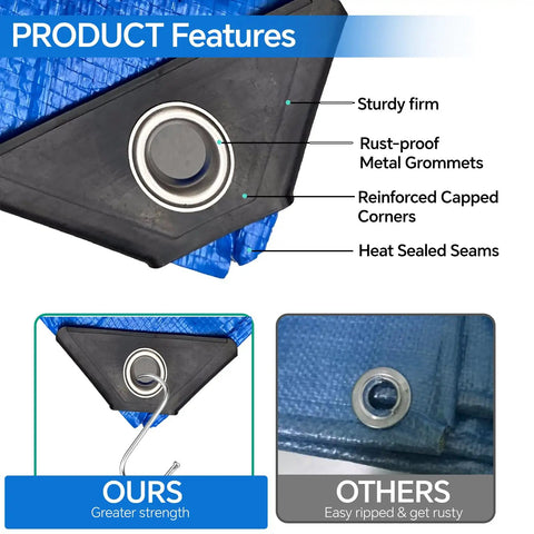 Comparison of 8x10 Ft Tarp Pack Of 4 Ultra Durable 5 Mil Waterproof Poly Tarps with reinforced edges and grommets.