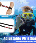 Scuba Diving Wrist Strap Adjustable Dive Wristband With Stainless Steel D Ring for Gear, shown worn by diver underwater.