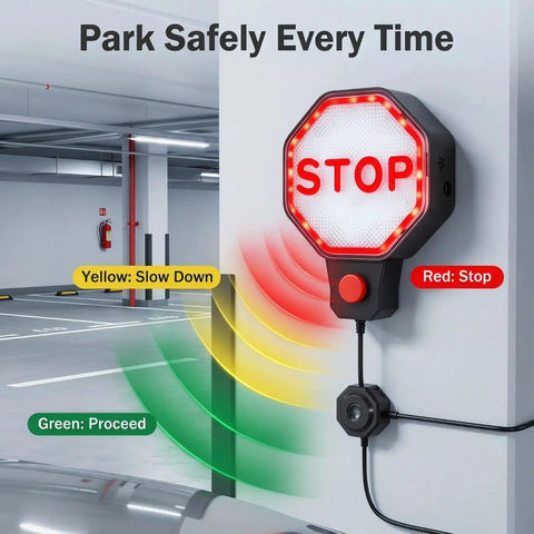Plug And Play Garage Parking Sensor With LED Stop Indicator, wall-mounted ultrasonic garage sensor with red, yellow, and green light cues