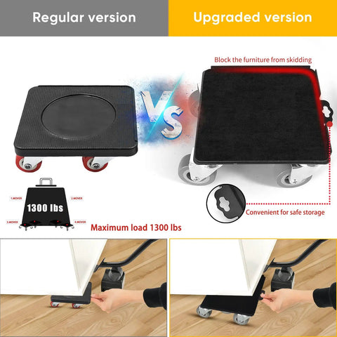 Move Your Heavy Furniture And Big Appliances Like Fridges And Washers With Ease Using This Beefy Dolly Set That Handles Up To 1300 Pounds Includes Lifting Tool Oversize Wheels And Non Slip Pads For No Sweat Moving showing regular vs upgraded dolly versions