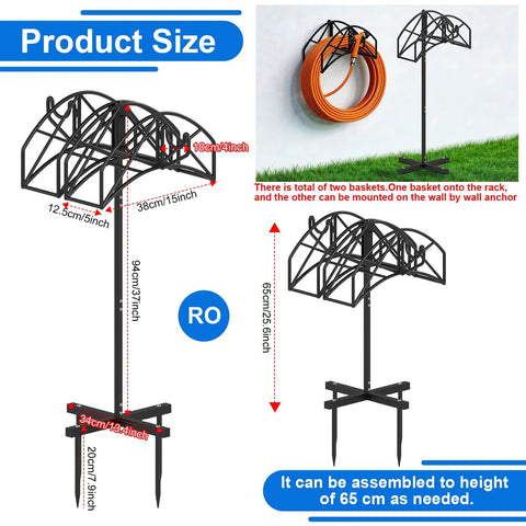 Diagram of Heavy Duty Garden Hose Holder with dual storage, 90-degree rotatable hook, 4 ground spikes, holding 160 ft hoses.