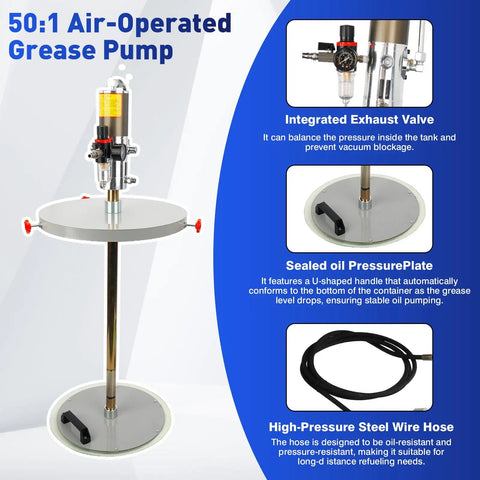 Heavy Duty 50 To 1 Air Operated Grease Pump Kit With 7500 PSI, showing pump with integrated exhaust valve, sealed pressure plate