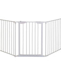 Extra Wide Baby Gate With Door Kid Safe For Stairs And Hallways Hardware Mounted, white metal adjustable panels.