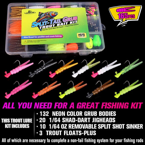 Trout Fishing Kit With 165 Pieces Including Split Tail Grub Worms, Shad Dart Jig Heads, Floats And Sinkers in plastic box