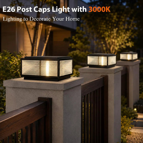 Level Up Your Curb Game With This Badass Outdoor Porch Lamp Post Light Featuring A Large Black Gate Column Pillar Design Built Tough For Weatherproof Pathway Vibes Classic Carriage Styling, E26 post cap light on concrete pillars.