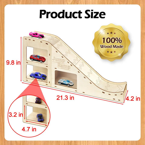 Wooden Toy Car Jump Ramp and Race Track Set for Hot Wheels and Diecast Cars with size dimensions and storage display
