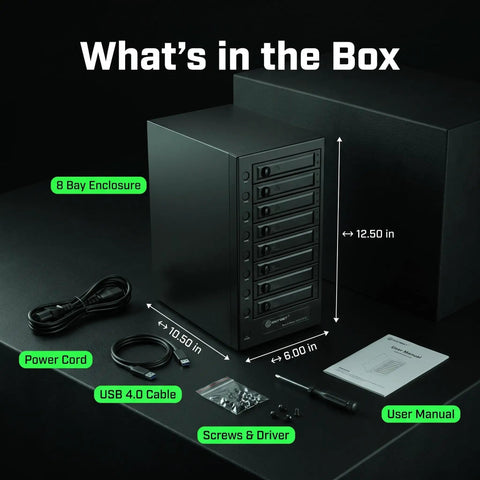 Usb 4 0 Type C Eight Bay Sata Hard Drive Enclosure A Straight Speed Demon Kicking 40Gbps, showing included power cord and user manual.