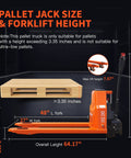 Robust 4400 Lb Capacity Motorized Electric Pallet Jack Truck With Standard Forks next to wooden pallet and size details displayed