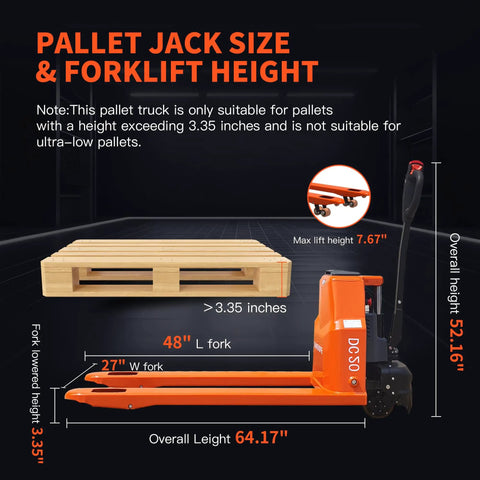 Robust 4400 Lb Capacity Motorized Electric Pallet Jack Truck With Standard Forks next to wooden pallet and size details displayed