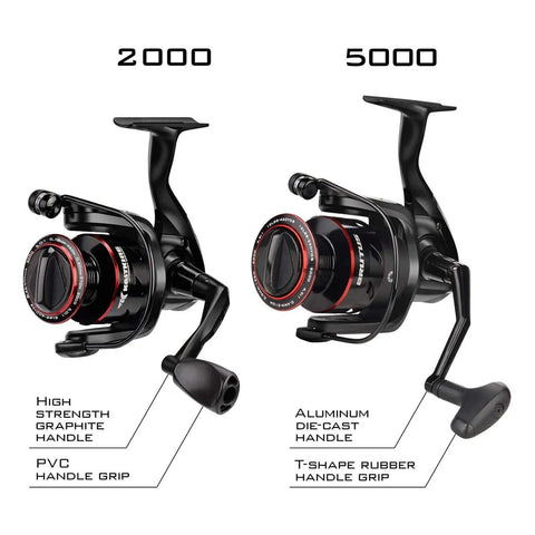 Two Brutus Spinning Reel for Freshwater Fishing, Graphite Frame and CNC Aluminum Spool, 2000 and 5000 sizes on white background