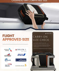LOVEVOOK 5-piece carry-on luggage set in black fabric with brown trim; wheeled carry-ons loaded into airplane bin