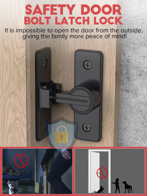 Beefy Heavy Duty 90 Degree Gate Latch with Zinc Alloy Hardware on wooden door, safety bolt shown in use; security illustration