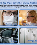 Anti-fog lens wipes for glasses infographic with four panels: wearing mask, hot water, driving, washing and bathing.