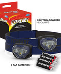 LED Headlamp 200 Lumen IPX4 Water Resistant With Shatterproof Lens, 2-Pack with included batteries and packaging visible.