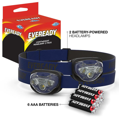 LED Headlamp 200 Lumen IPX4 Water Resistant With Shatterproof Lens, 2-Pack with included batteries and packaging visible.