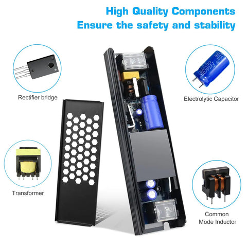 Top Shelf Rock Solid 24V Power Supply 2.5A 60W Switching Adapter inside view showing components like transformer and capacitor.