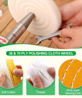 Six Piece Bench Grinder Polishing Wheels Set With Premium Tripoli Rouge And White Compound Fits Five Eighth Arbor Spindle, showcasing soft cotton layers and sewing detail.
