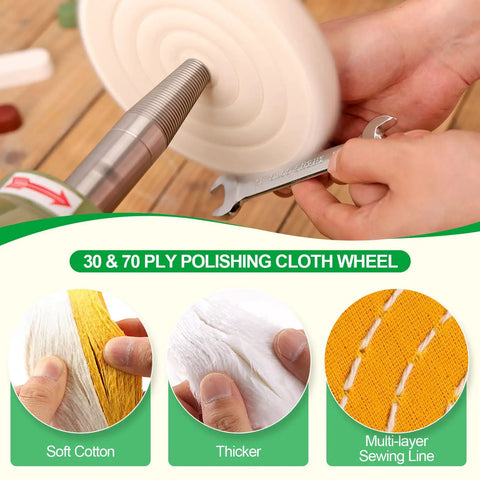Six Piece Bench Grinder Polishing Wheels Set With Premium Tripoli Rouge And White Compound Fits Five Eighth Arbor Spindle, showcasing soft cotton layers and sewing detail.