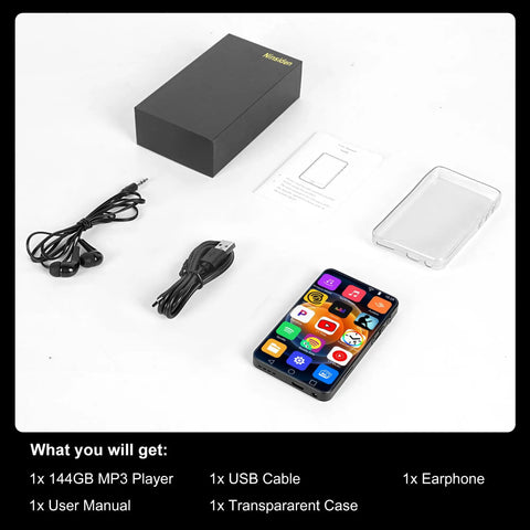 All In One Portable MP3 Player With Bluetooth And WiFi, 144GB Storage, 4 Inch Full Color Touch Screen with accessories