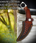 Handmade Hunting Knife With Stainless Steel Blade And Brown Wood Handle fixed in a leather sheath on a belt