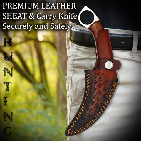 Handmade Hunting Knife With Stainless Steel Blade And Brown Wood Handle fixed in a leather sheath on a belt